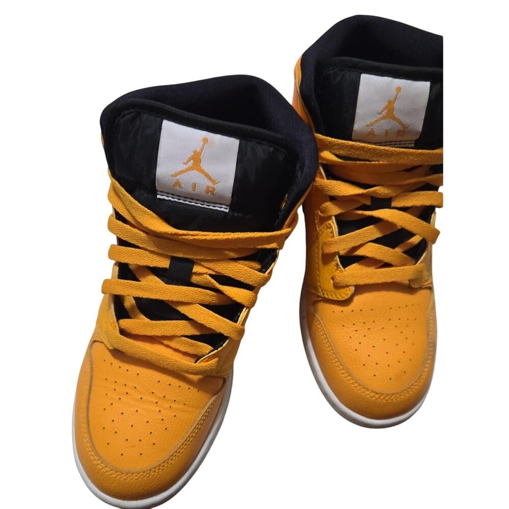 Air Jordan 1 Mid Size 5.5Y Yellow Black White Leather Sneakers